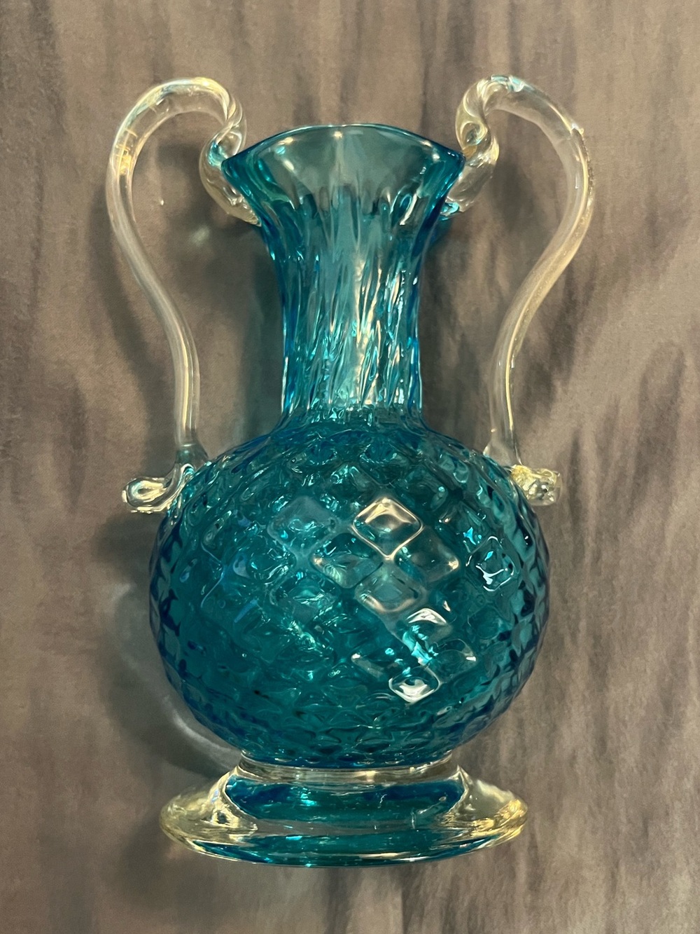 Murano Style Blue Blown Glass Double-Handled Decorative Mini Vase